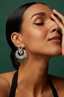 White Finish Faux Diamond & Green Stone Dangler Earrings