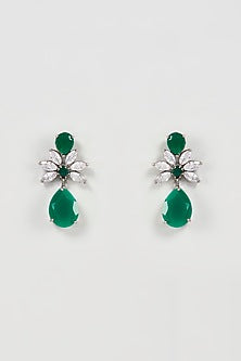 White Finish Faux Diamond & Green Stone Dangler Earrings