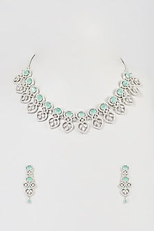 White Finish Faux Diamond & Turquoise Stone Necklace Set