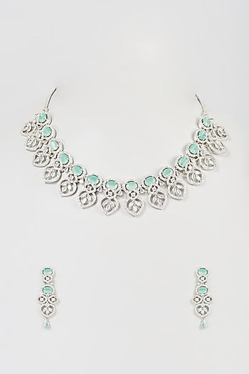 White Finish Faux Diamond & Turquoise Stone Necklace Set