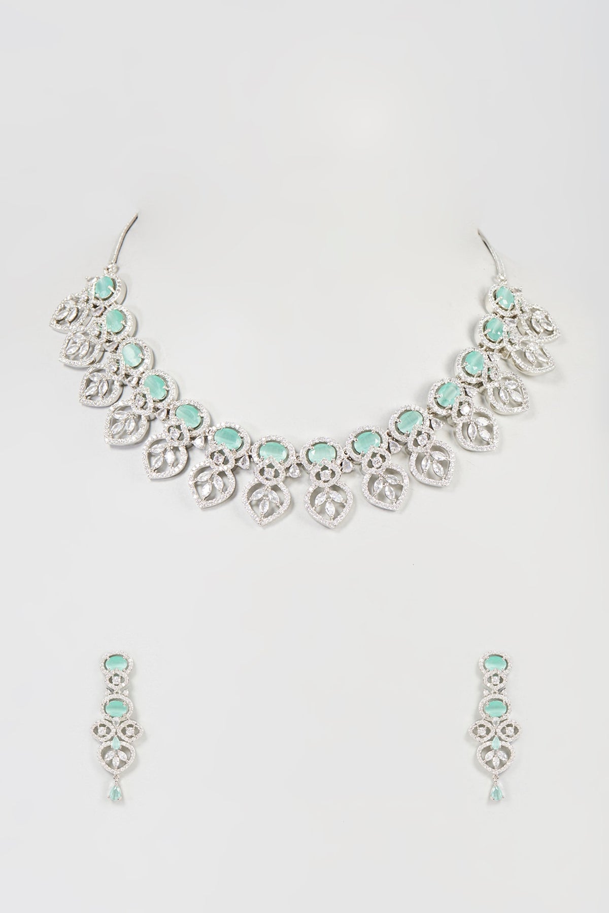 White Finish Faux Diamond & Turquoise Stone Necklace Set