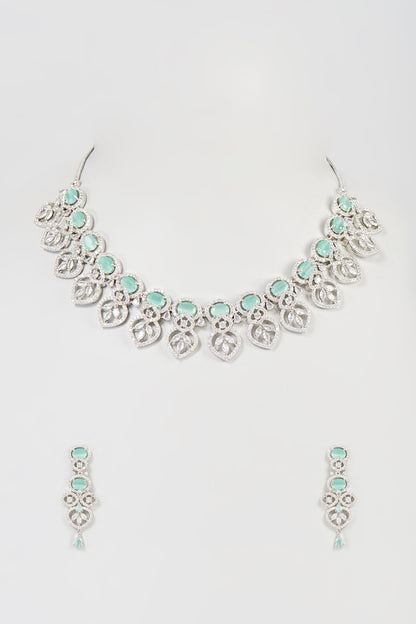 White Finish Faux Diamond & Turquoise Stone Necklace Set