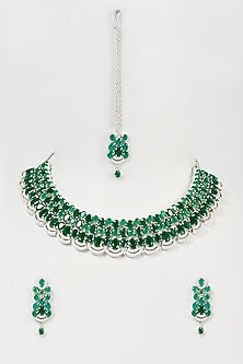 White Finish White & Green Faux Diamond Necklace Set