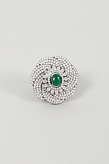 White Finish Faux Diamond & Green Synthetic Stone Ring