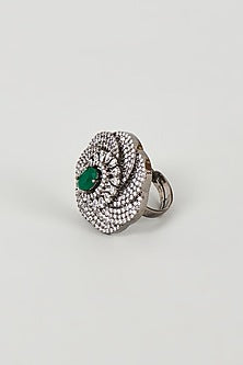 White Finish Faux Diamond & Green Synthetic Stone Ring