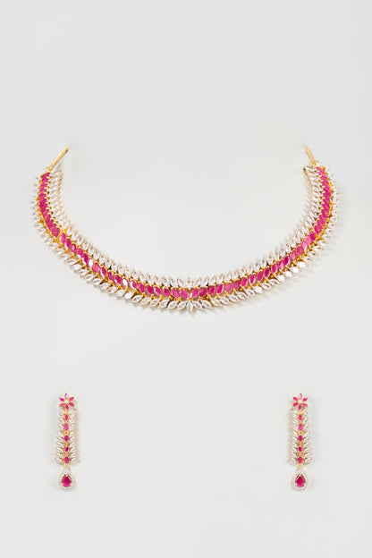 Gold Finish Faux Diamond & Ruby Synthetic Stone Choker Necklace Set
