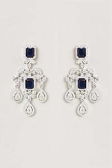 White Finish Faux Diamond & Blue Sapphire Dangler Earrings
