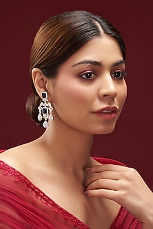 White Finish Faux Diamond & Blue Sapphire Dangler Earrings