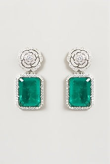White Finish Faux Doublet Diamond & Emerald Dangler Earrings