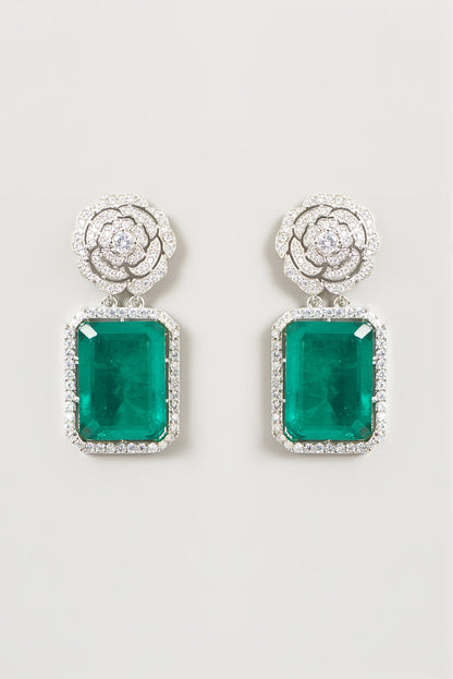 White Finish Faux Doublet Diamond & Emerald Dangler Earrings
