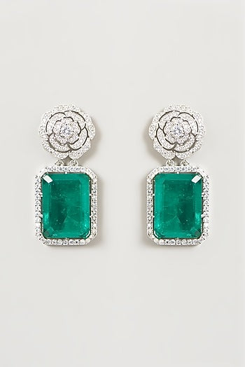 White Finish Faux Doublet Diamond & Emerald Dangler Earrings
