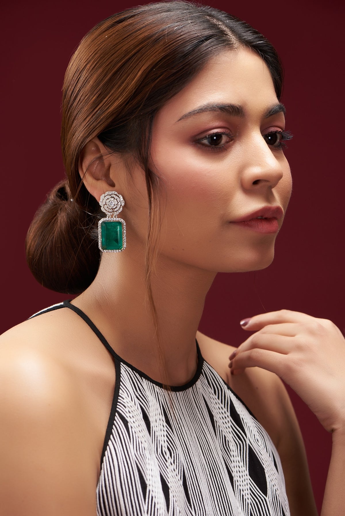 White Finish Faux Doublet Diamond & Emerald Dangler Earrings