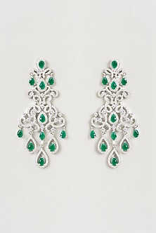White Finish Faux Diamond & Emerald Dangler Earrings