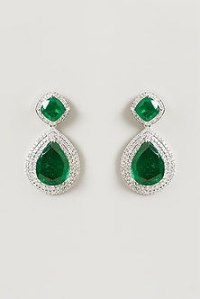 White Finish Faux Diamond & Emerald Dangler Earrings