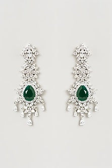 White Finish Faux Diamond & Emerald Dangler Earrings