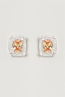 White Finish Faux Diamond & Champagne Synthetic Stone Stud Earrings