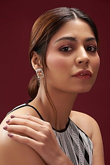 White Finish Faux Diamond & Champagne Synthetic Stone Stud Earrings