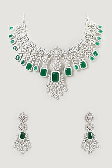 White Finish Emerald & Faux Diamond Necklace Set