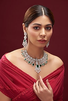 White Finish Emerald & Faux Diamond Necklace Set