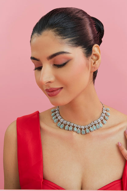 White Finish Zircon & Jade Green Stone Necklace