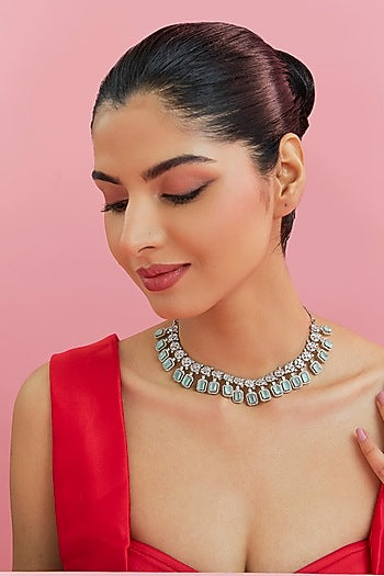 White Finish Zircon & Jade Green Stone Necklace