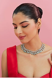 White Finish Zircon & Jade Green Stone Necklace