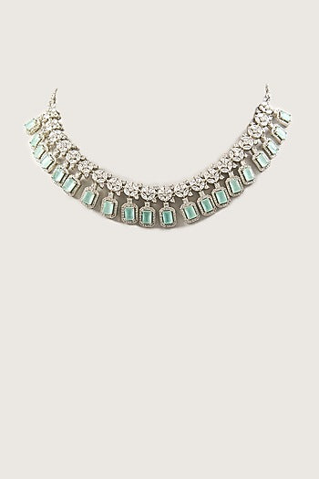 White Finish Zircon & Jade Green Stone Necklace