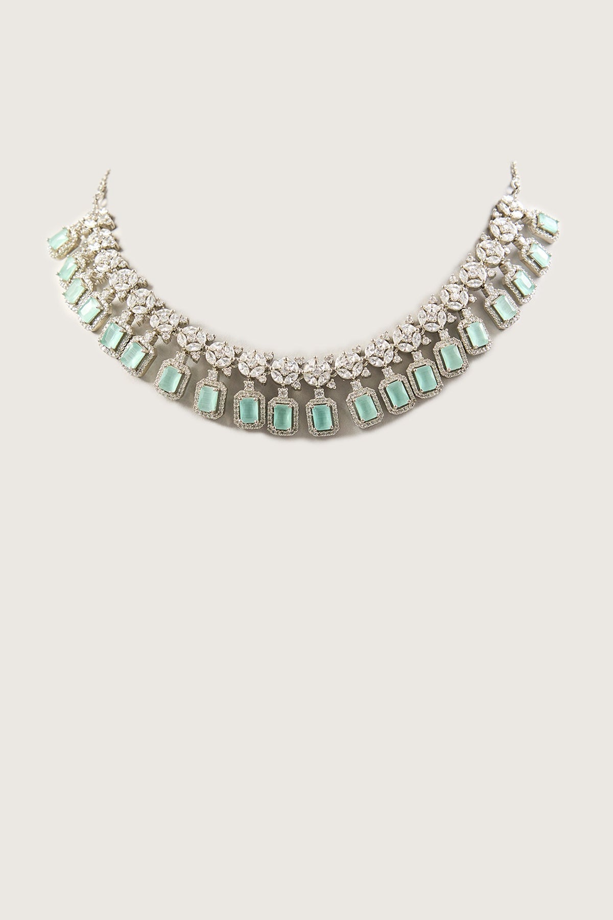 White Finish Zircon & Jade Green Stone Necklace