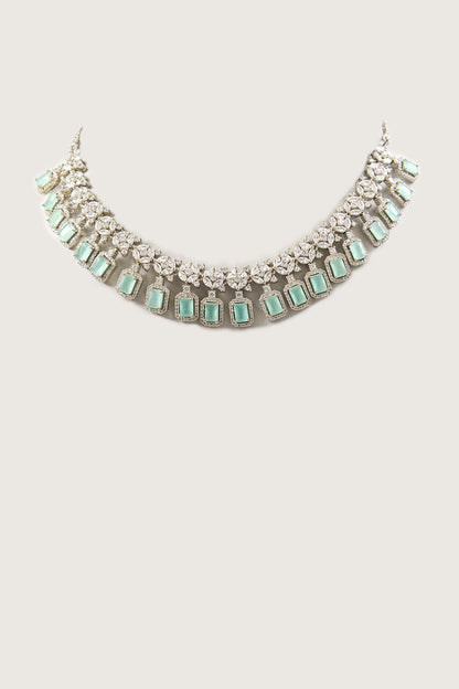 White Finish Zircon & Jade Green Stone Necklace