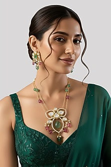 Gold Finish Kundan Polki & Oval Green Stone Pendant Necklace In Sterling Silver