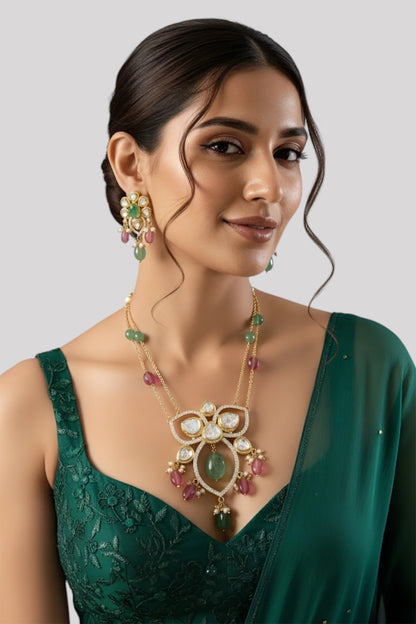 Gold Finish Kundan Polki & Oval Green Stone Pendant Necklace In Sterling Silver