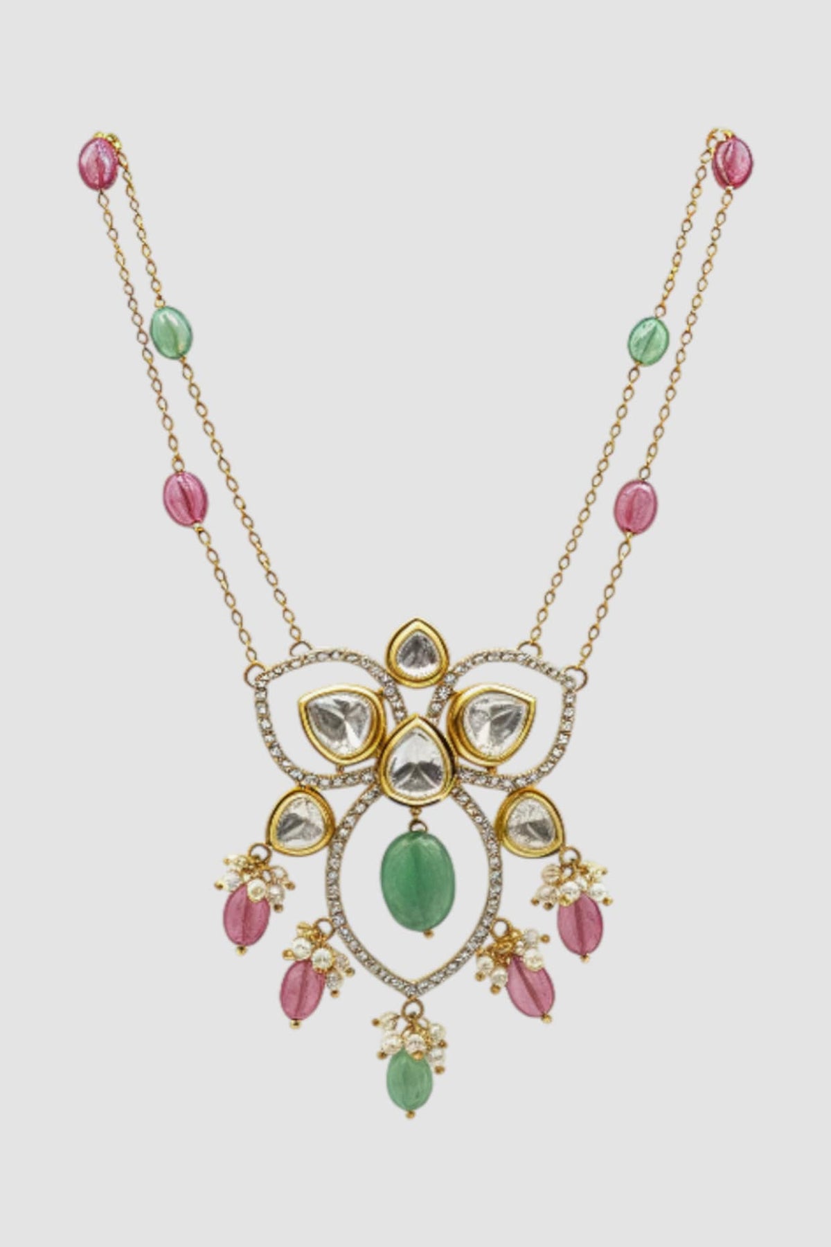 Gold Finish Kundan Polki & Oval Green Stone Pendant Necklace In Sterling Silver