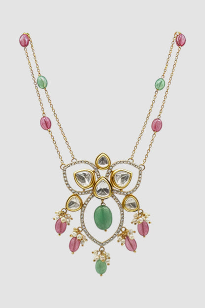 Gold Finish Kundan Polki & Oval Green Stone Pendant Necklace In Sterling Silver