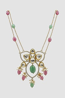 Gold Finish Kundan Polki & Oval Green Stone Pendant Necklace In Sterling Silver
