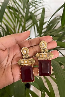 Gold Finish Ruby Synthetic Stone Dangler Earrings
