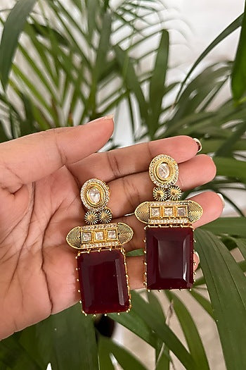 Gold Finish Ruby Synthetic Stone Dangler Earrings