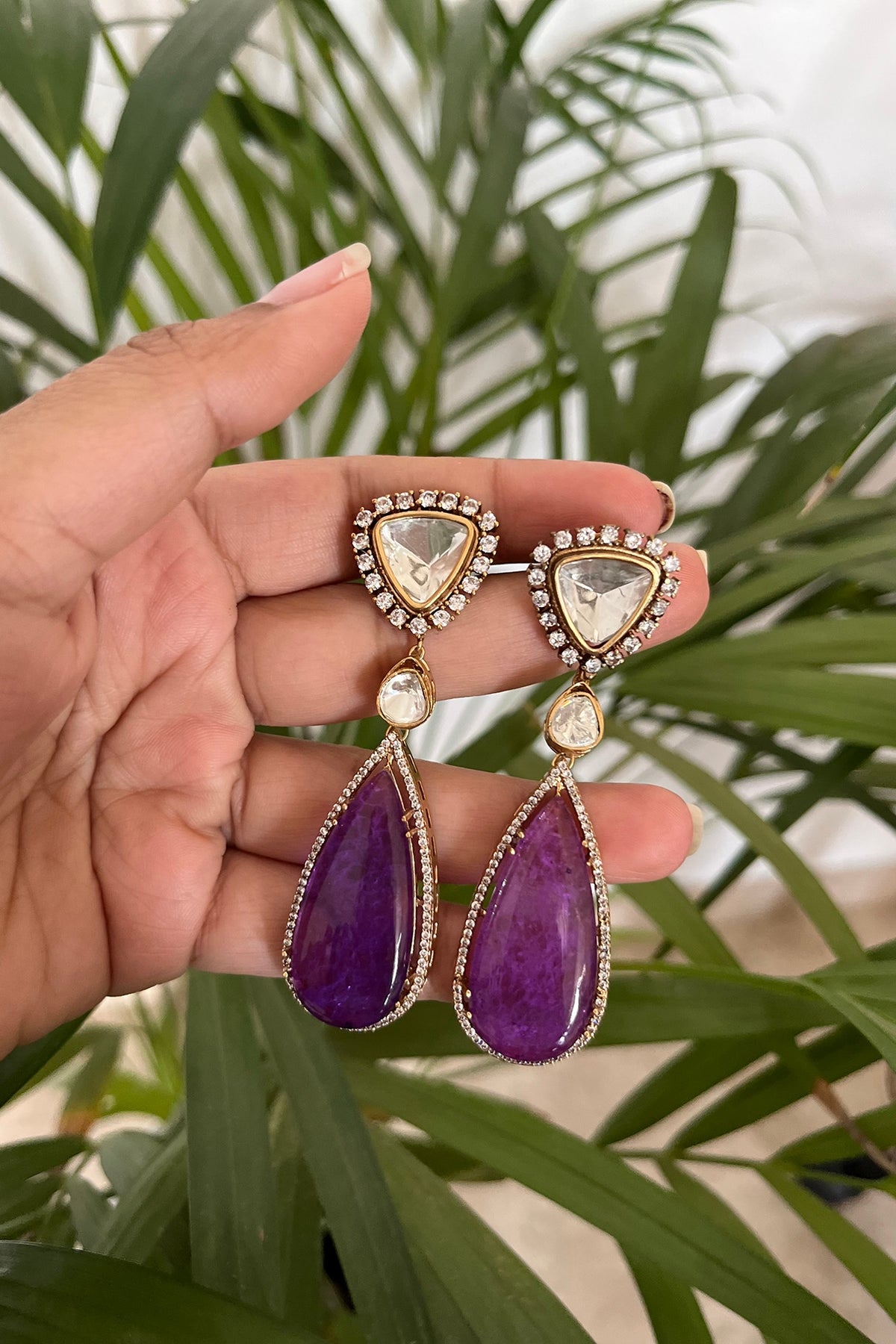 Gold Finish Amethyst & Kundan Polki Dangler Earrings
