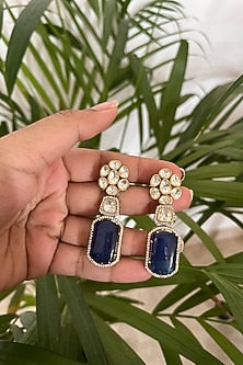 Gold Finish Sapphire Synthetic Stone & Kundan Polki Dangler Earrings