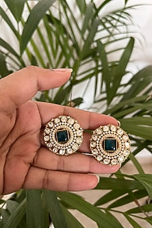 Gold Finish Kundan Polki & Emerald Synthetic Stone Stud Earrings