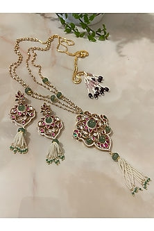 Two Tone Finish Gemstone & Pearl Tassel Long Necklace Set