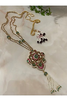 Two Tone Finish Gemstone & Pearl Tassel Long Necklace Set
