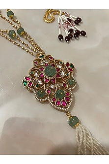 Two Tone Finish Gemstone & Pearl Tassel Long Necklace Set