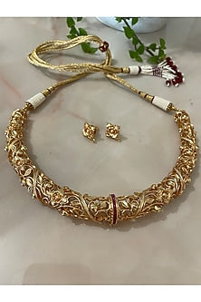 Gold Finish Ruby & Floral Motif Choker Necklace Set