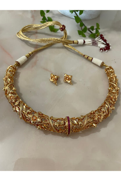Gold Finish Ruby & Floral Motif Choker Necklace Set