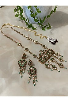 Two Tone Finish Emerald Green Gemstone & Pearl Long Necklace Set