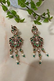 Two Tone Finish Emerald Green Gemstone & Pearl Long Necklace Set