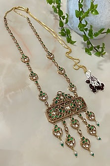 Two Tone Finish Emerald Green Gemstone & Pearl Long Necklace Set