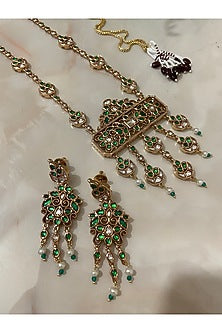 Two Tone Finish Emerald Green Gemstone & Pearl Long Necklace Set