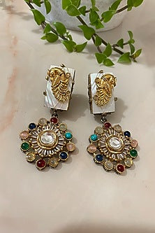 Two Tone Finish Multi-Colored Gemstone & Mother Of Pearl Dangler Earrings