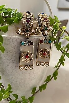 Two Tone Finish Multi-Colored Gemstone & Mother Of Pearl Dangler Earrings